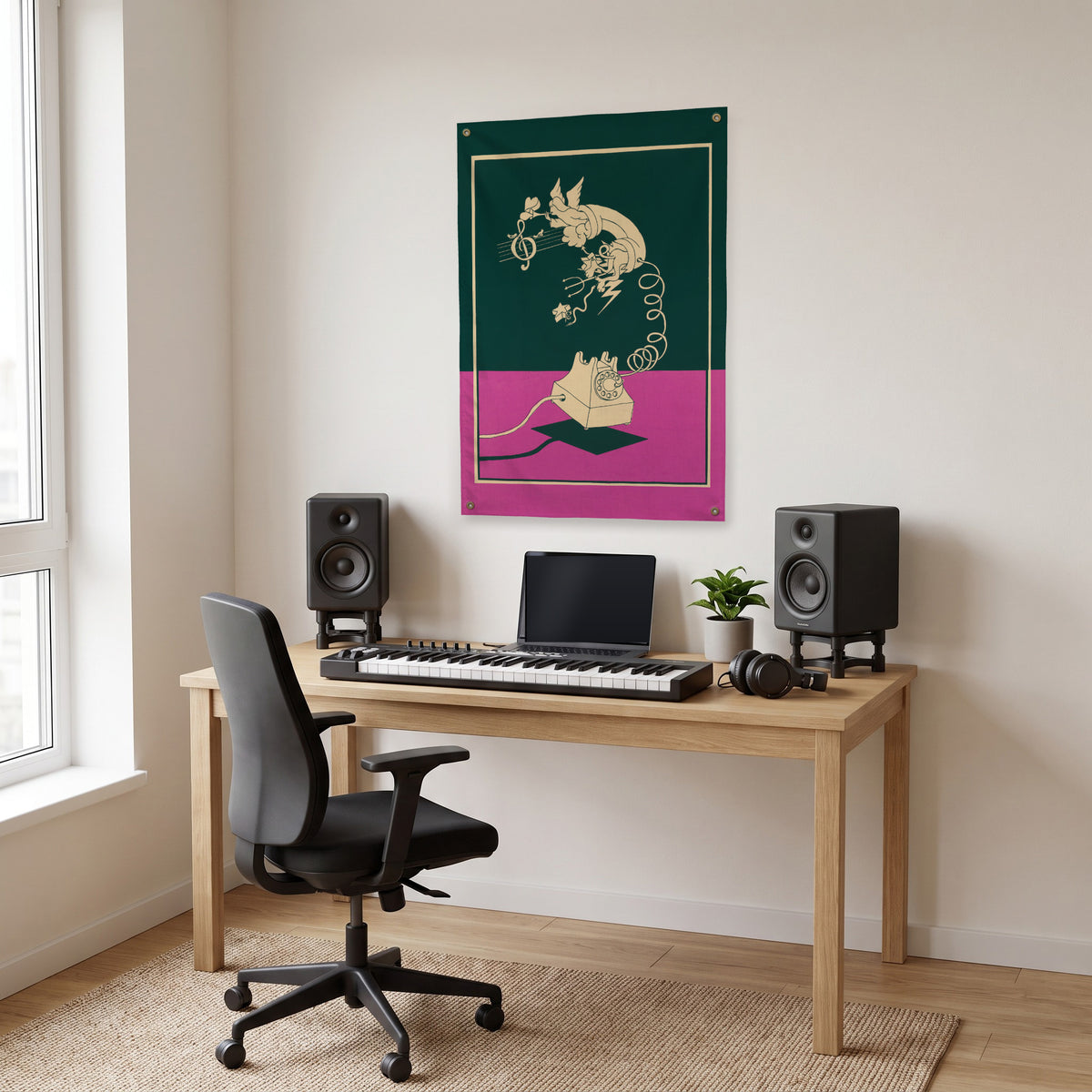 Rotary Telephone with Musical Flourish Wall Flag in the studio room mockup.