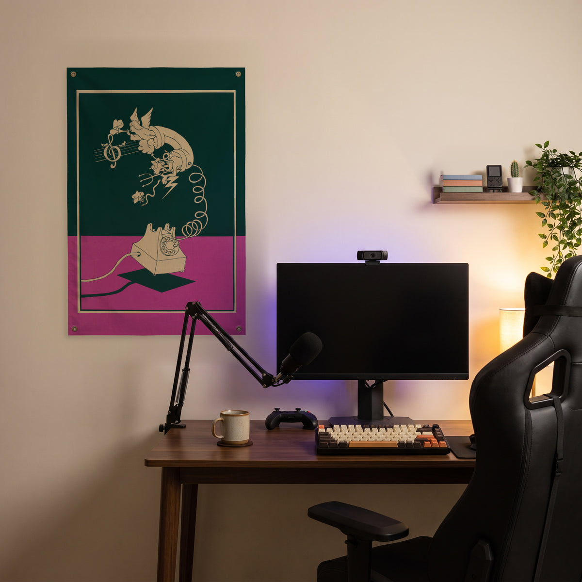 Rotary Telephone with Musical Flourish Wall Flag in the streaming nook room mockup.
