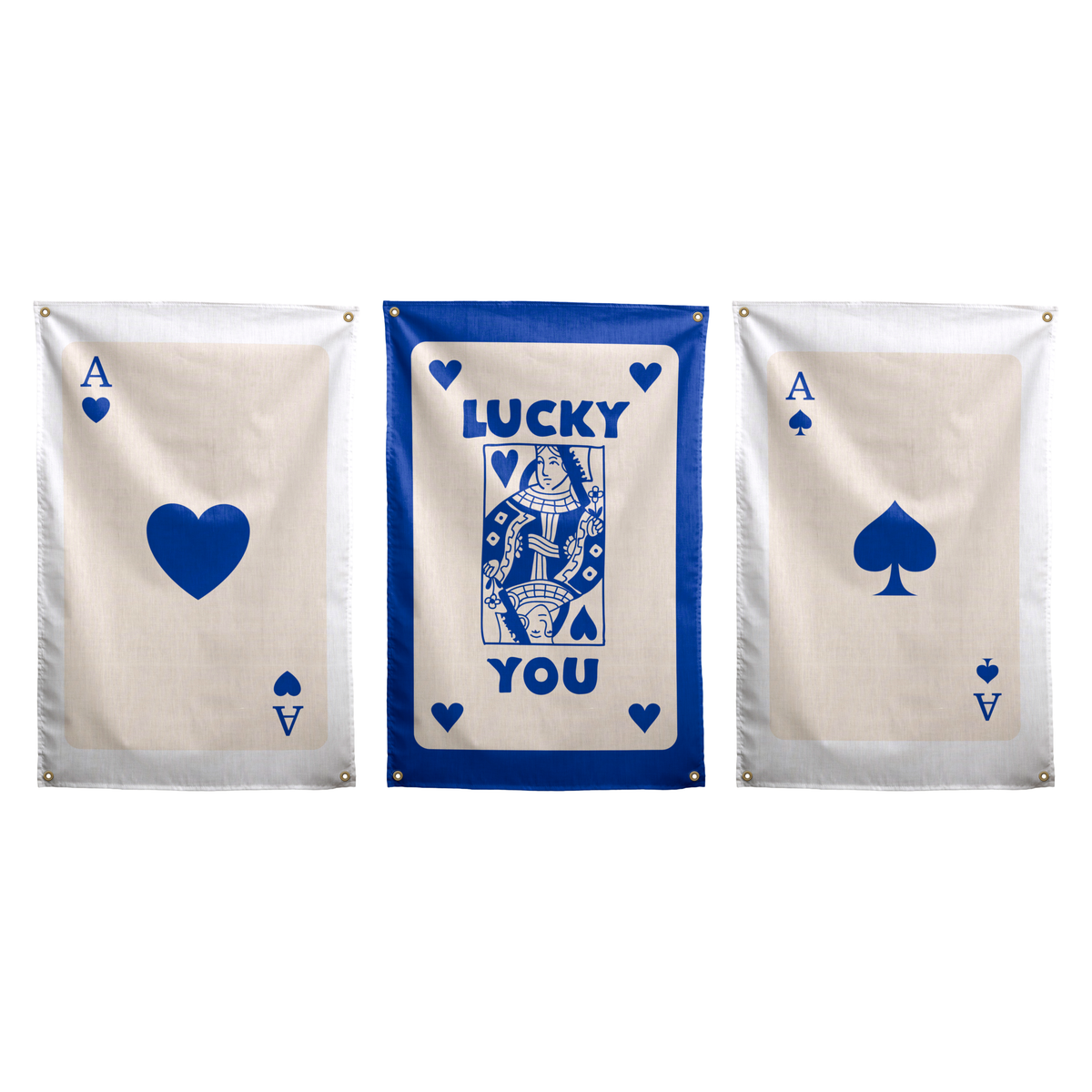 Royal Blue set of three Wall Rebel wall flags: Ace of Hearts, Lucky You in the centre, and Ace of Spades.