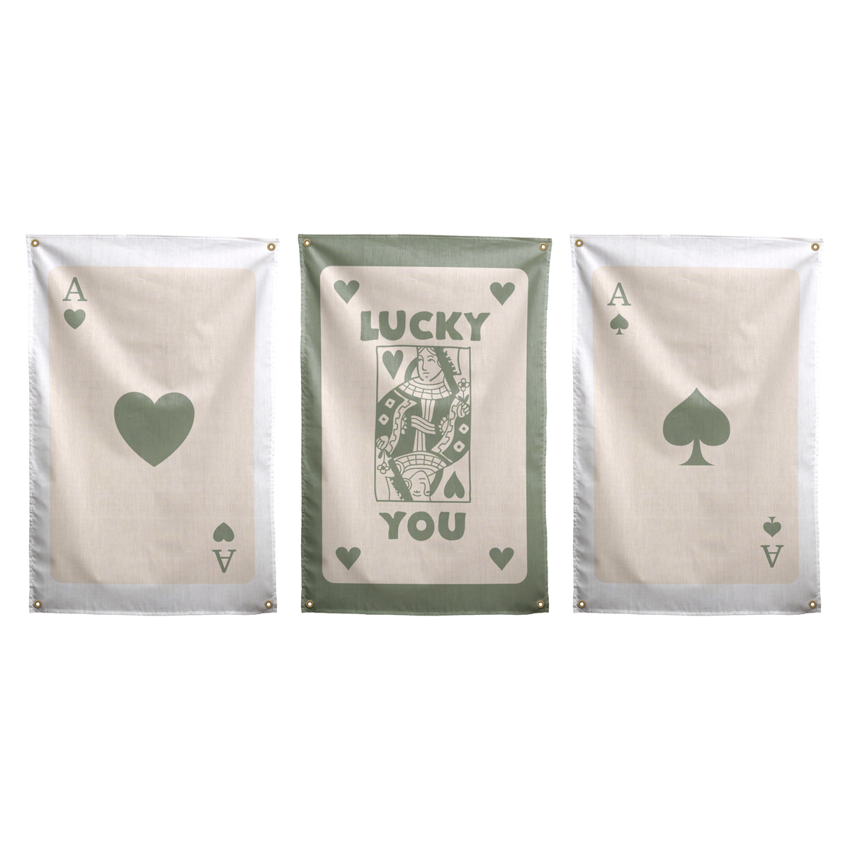 Sage set of three Wall Rebel wall flags: Ace of Hearts, Lucky You in the centre, and Ace of Spades.