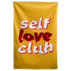 White and dark red Self Love Club lettering stacks with red shadows on golden yellow in this Wall Rebel fabric wall flag.