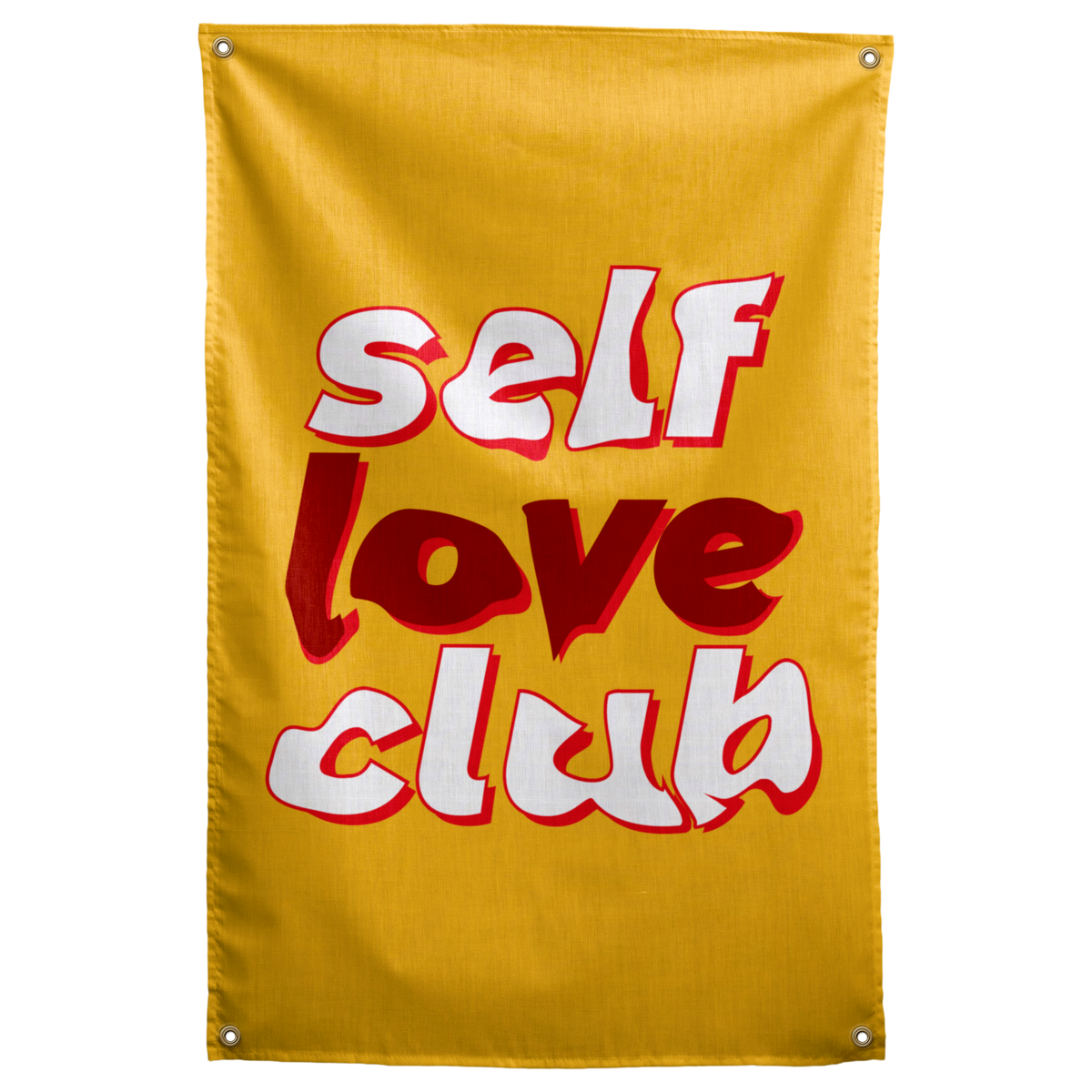White and dark red Self Love Club lettering stacks with red shadows on golden yellow in this Wall Rebel fabric wall flag.