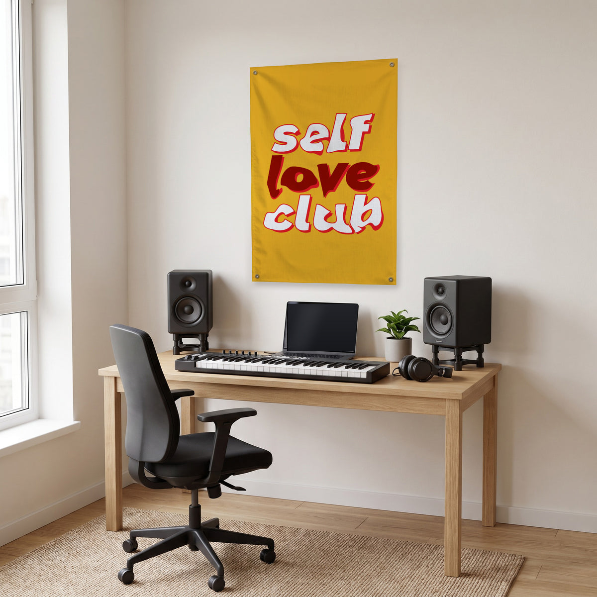 Self Love Club Lettering Wall Flag in the studio room mockup.