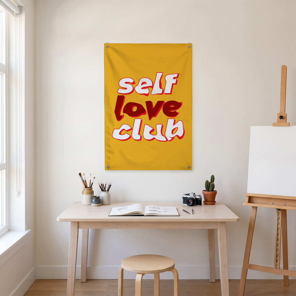 Self Love Club Lettering Wall Flag in the art corner room mockup.