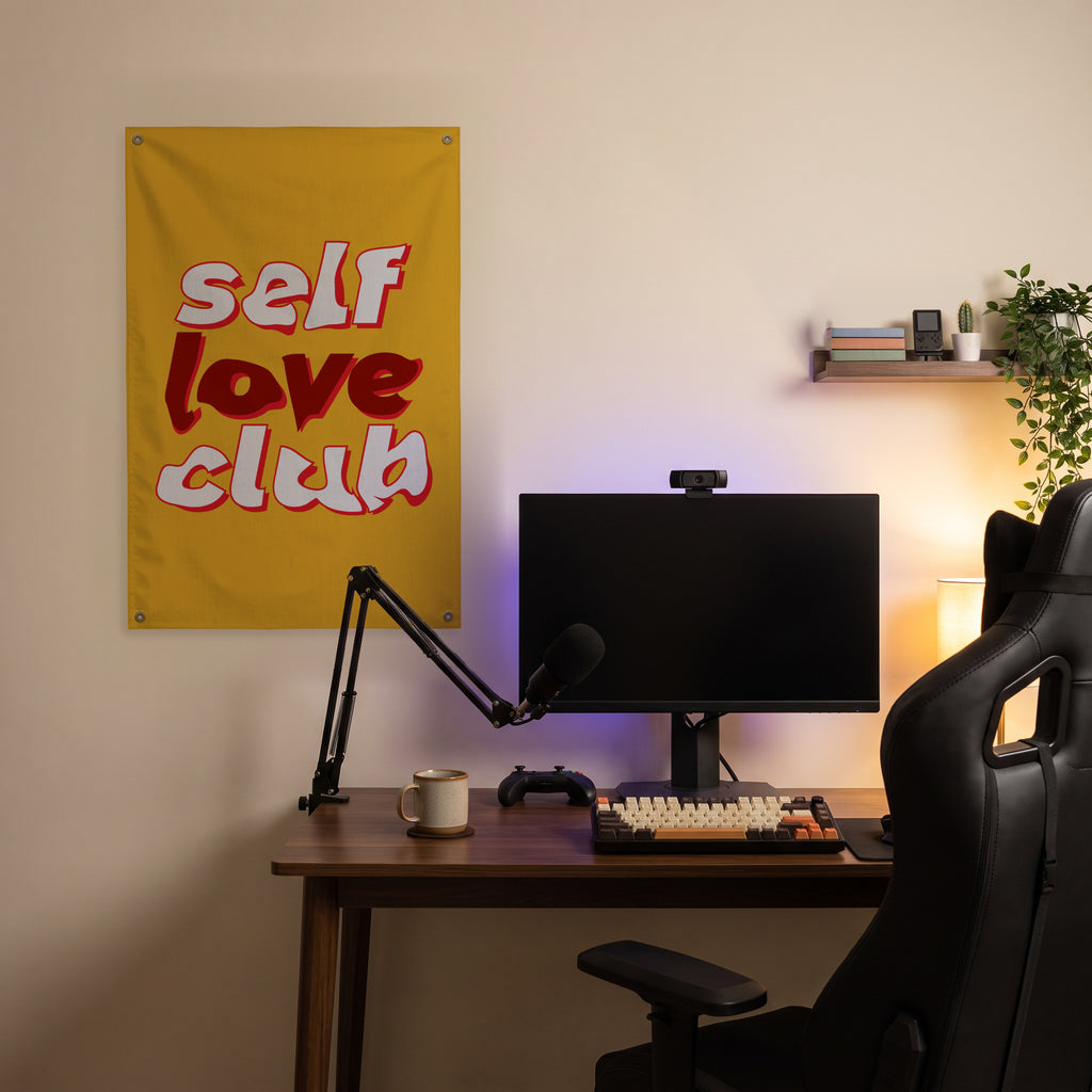 Self Love Club Lettering Wall Flag in the streaming nook room mockup.