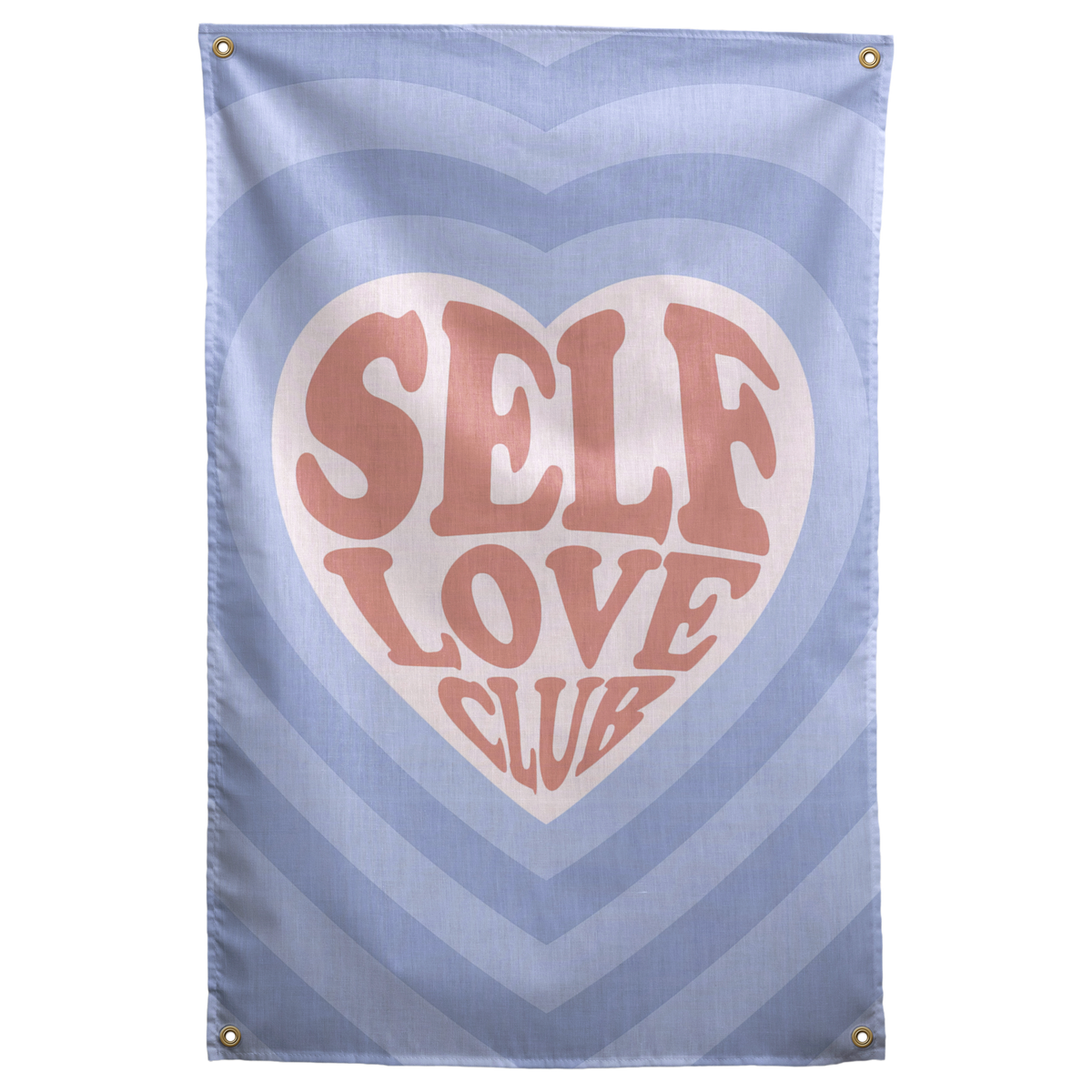 Self Love Club lettering fills a pale heart within layers of blue heart shapes on this patterned Wall Rebel fabric wall flag.