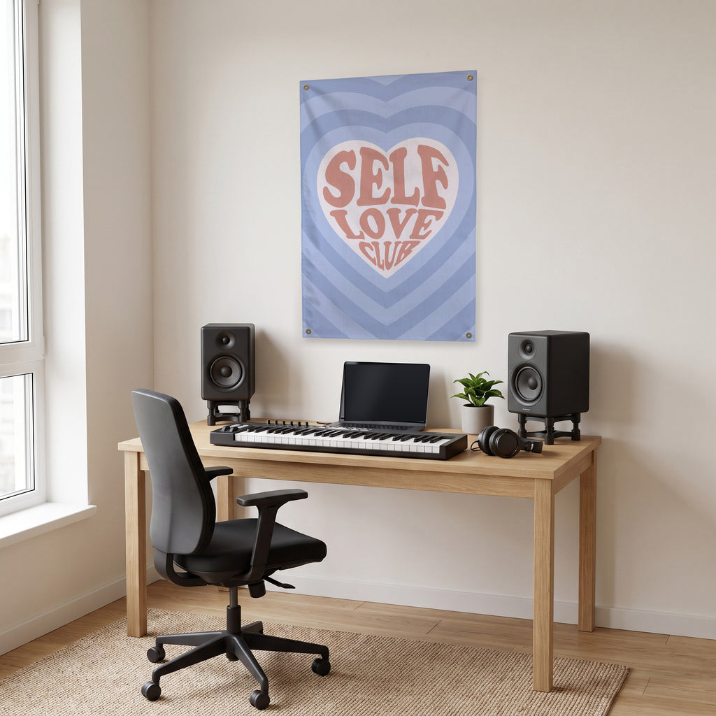 Self Love Club Wall Flag in the studio room mockup.