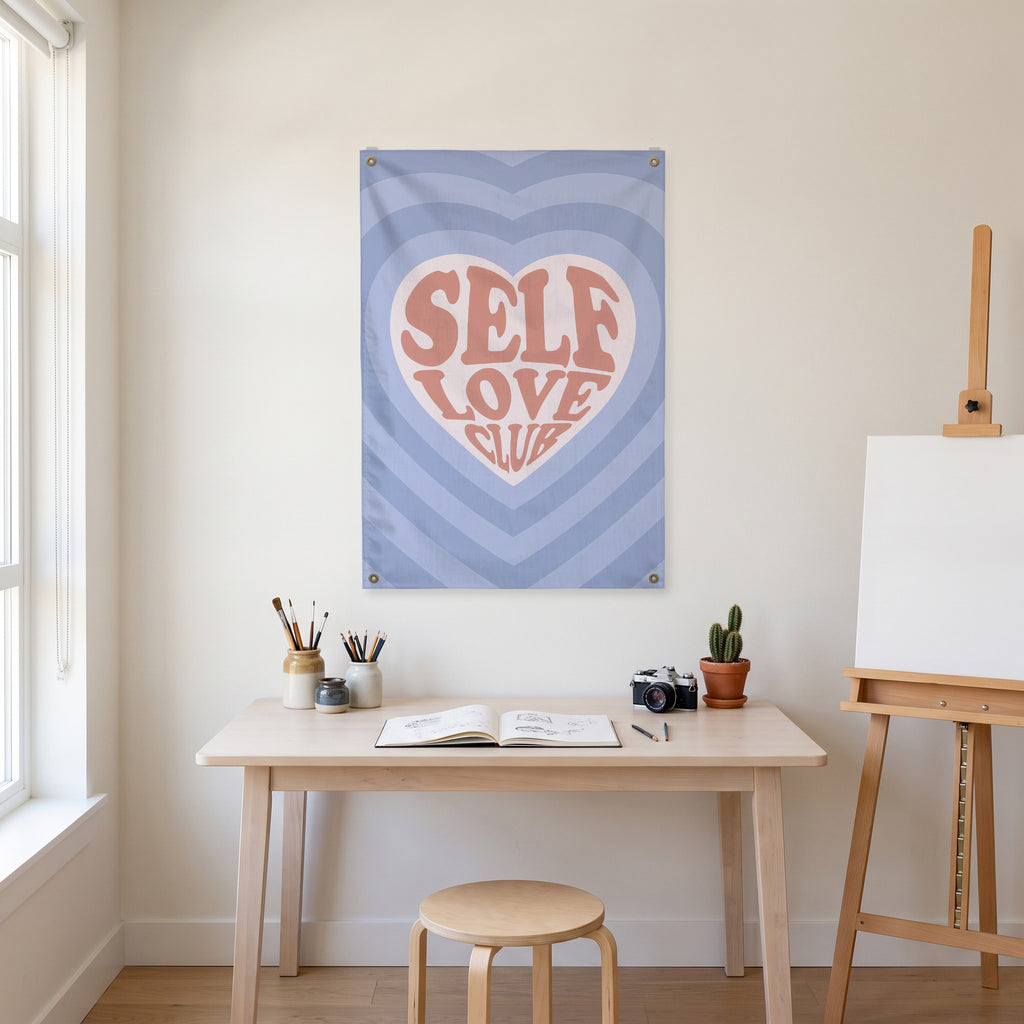 Self Love Club Wall Flag in the art corner room mockup.