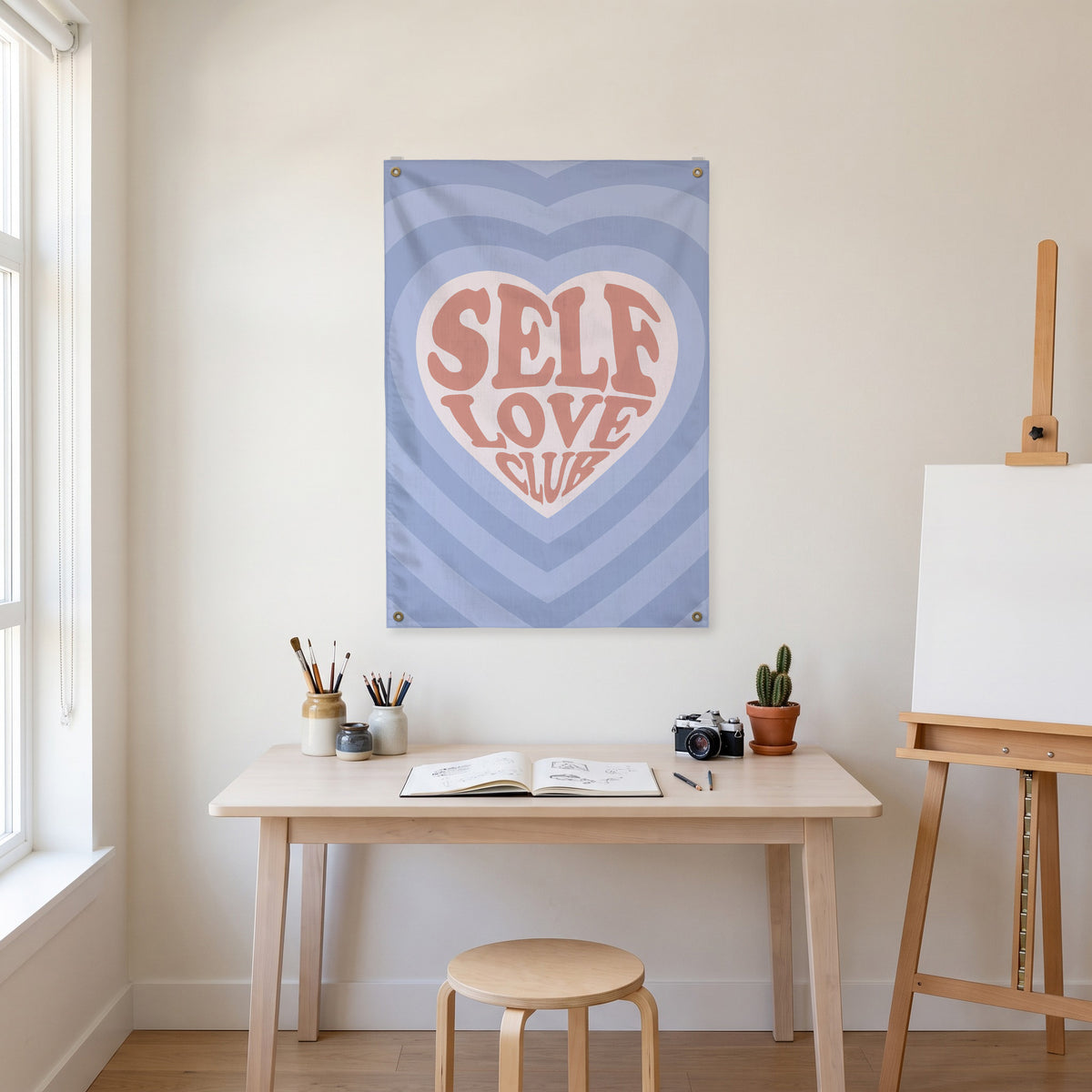 Self Love Club Wall Flag in the art corner room mockup.