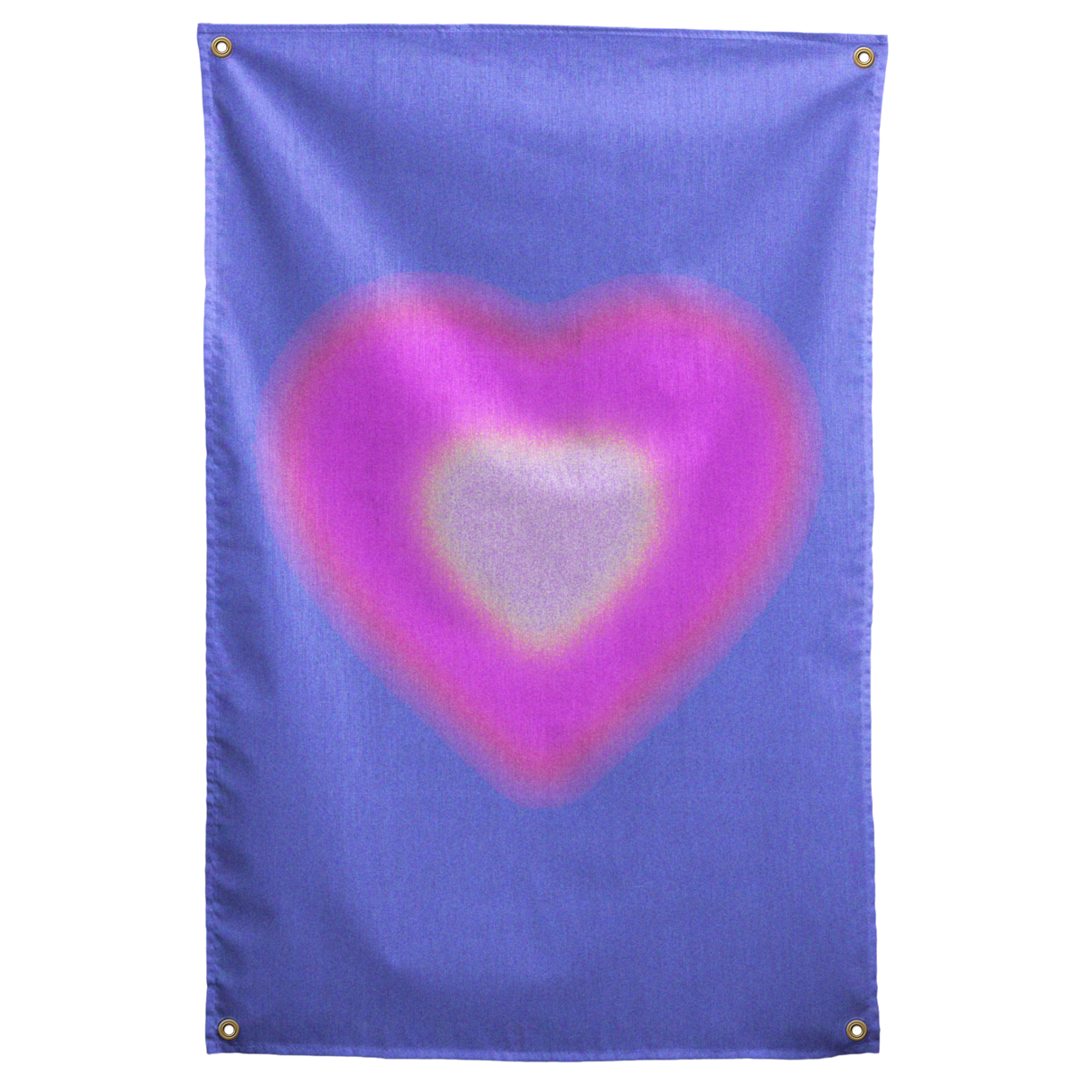 A softly glowing pink heart with a pale centre floats on periwinkle blue in this dreamy Wall Rebel fabric wall flag.