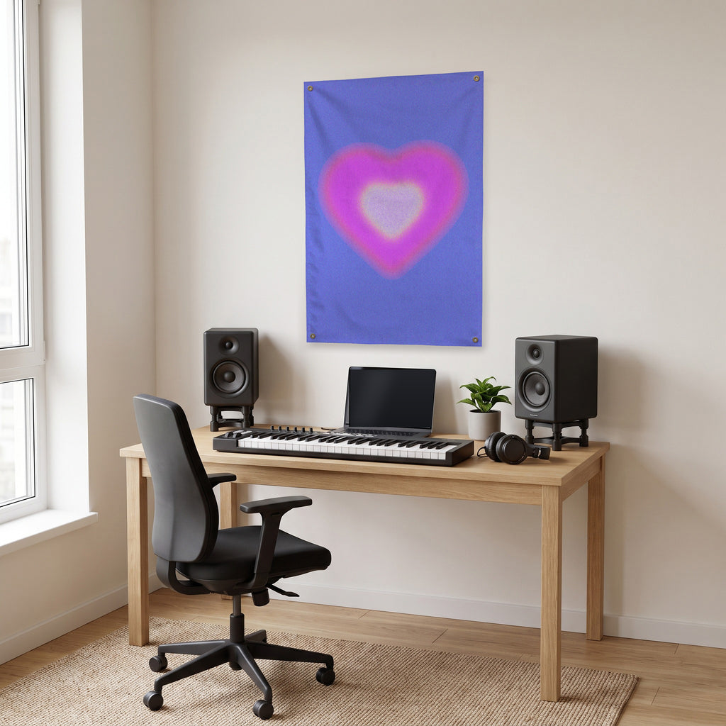 Soft Neon Heart on Blue Wall Flag in the studio room mockup.