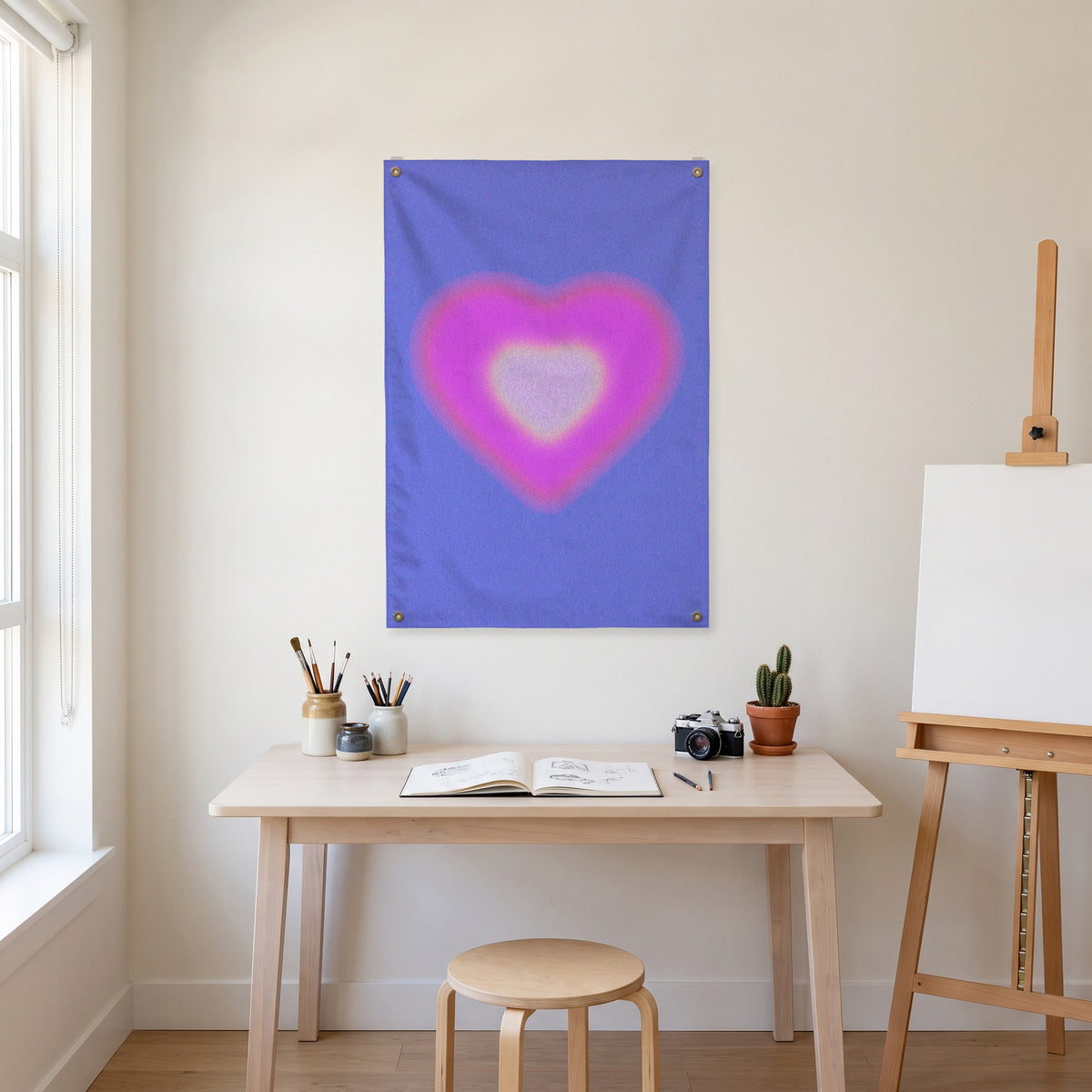 Soft Neon Heart on Blue Wall Flag in the art corner room mockup.