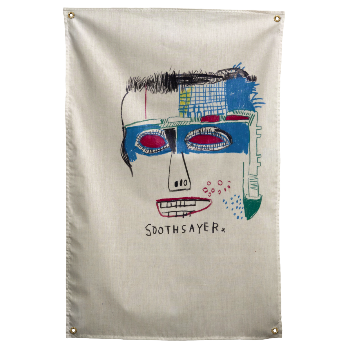 A blue and red face with scratchy black outlines sits above handwritten Soothsayer lettering on this Wall Rebel fabric wall flag.