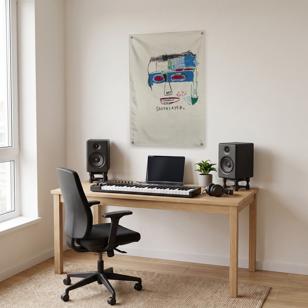 Soothsayer Head Wall Flag in the studio room mockup.