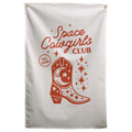 Rust-red Space Cowgirls Club lettering surrounds a cowboy boot with moon and star details on this Wall Rebel fabric wall flag.