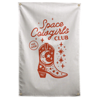 Rust-red Space Cowgirls Club lettering surrounds a cowboy boot with moon and star details on this Wall Rebel fabric wall flag.