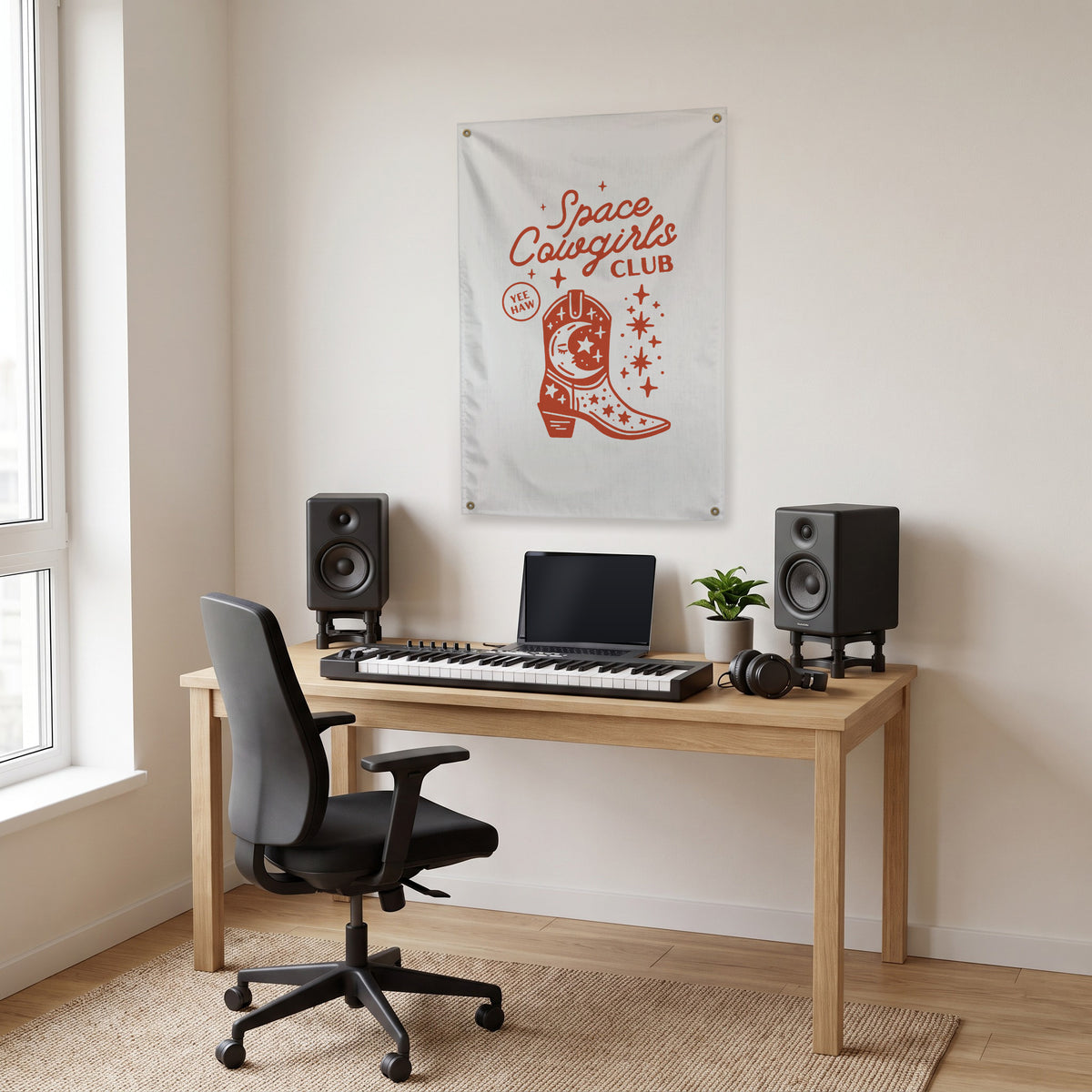 Space Cowgirls Club Boot Wall Flag in the studio room mockup.
