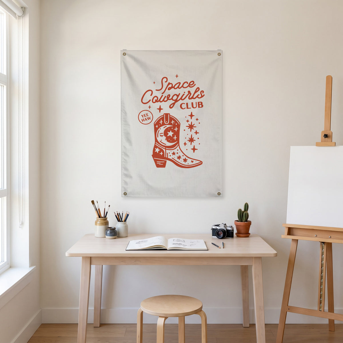 Space Cowgirls Club Boot Wall Flag in the art corner room mockup.
