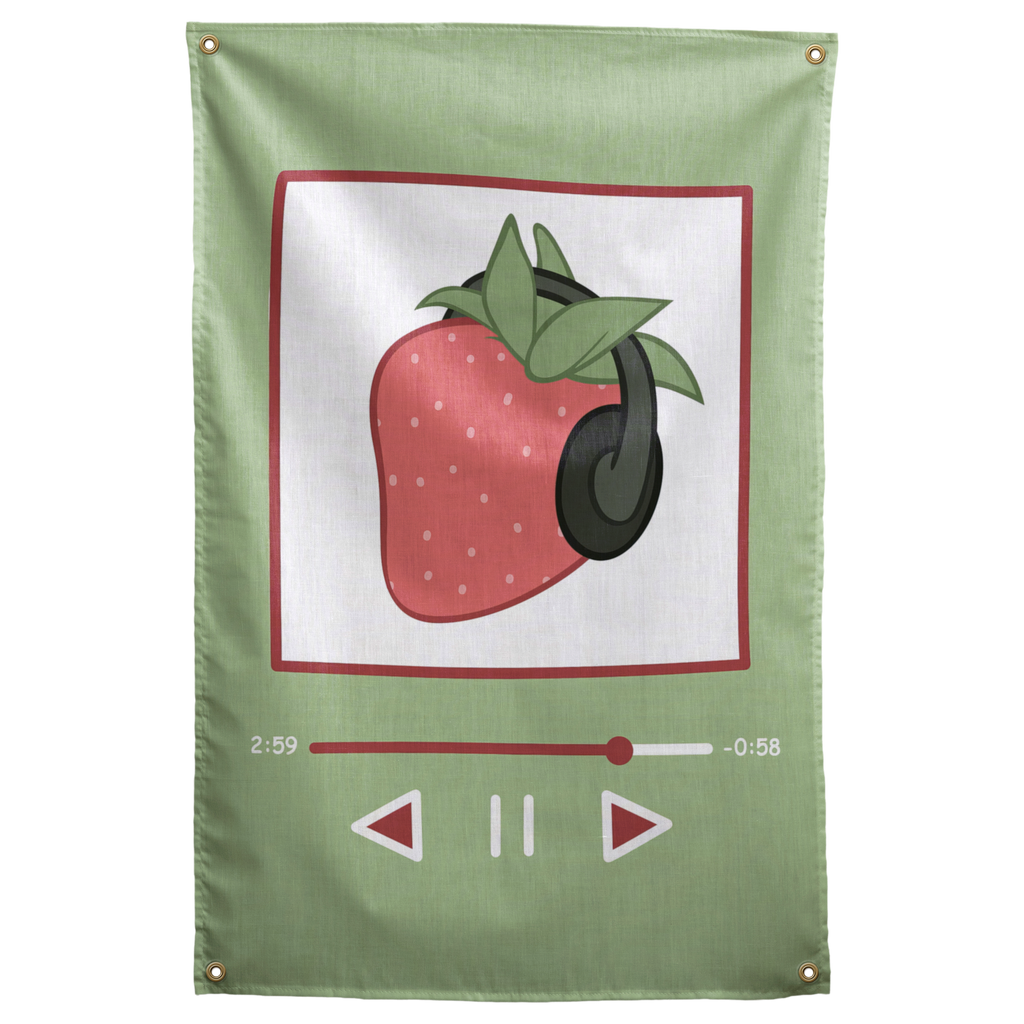 A strawberry in dark headphones appears inside a green music-player-style frame on this playful Wall Rebel fabric wall flag.