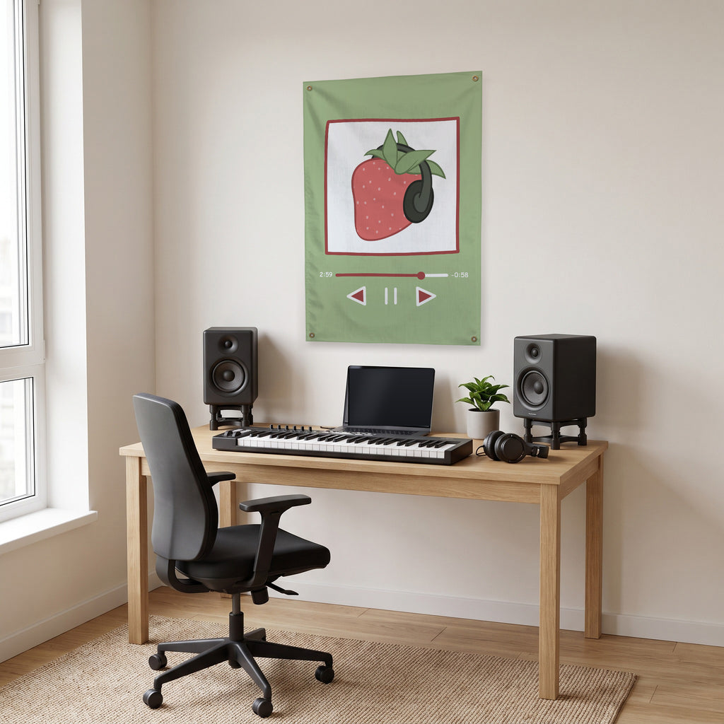 Strawberry Headphones Wall Flag in the studio room mockup.