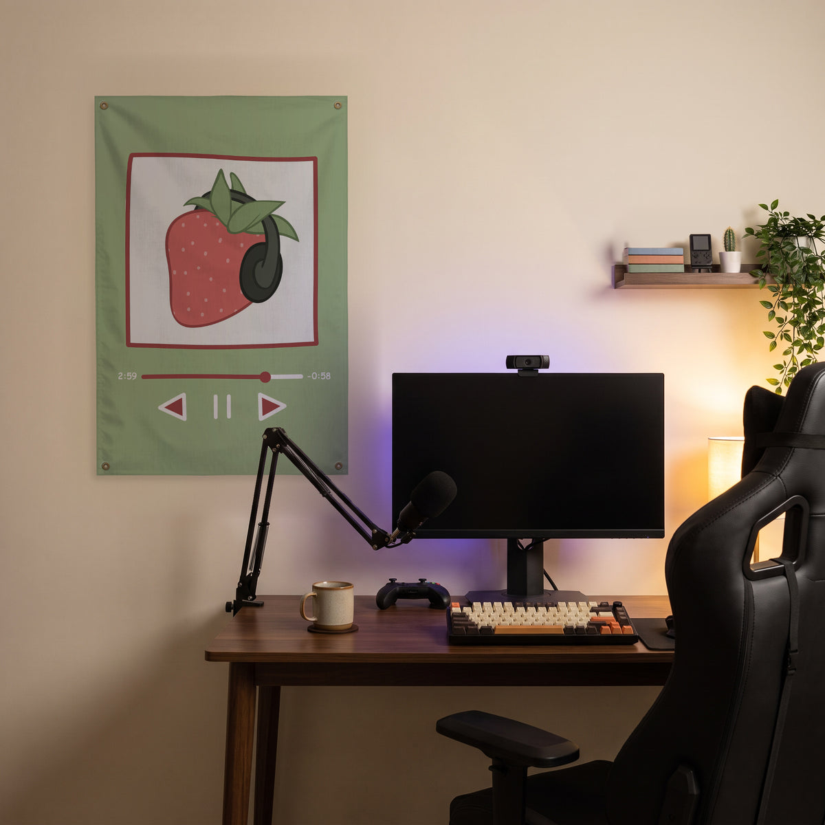 Strawberry Headphones Wall Flag in the streaming nook room mockup.