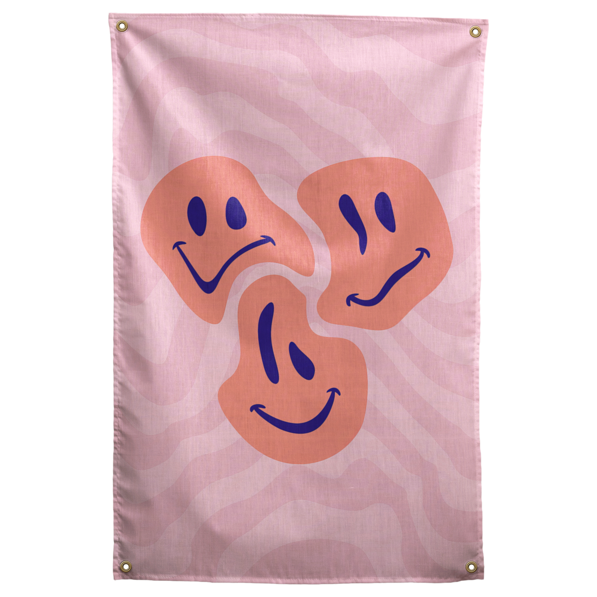 Three orange smiley faces show different moods over flowing pink stripes on this playful patterned Wall Rebel fabric wall flag.