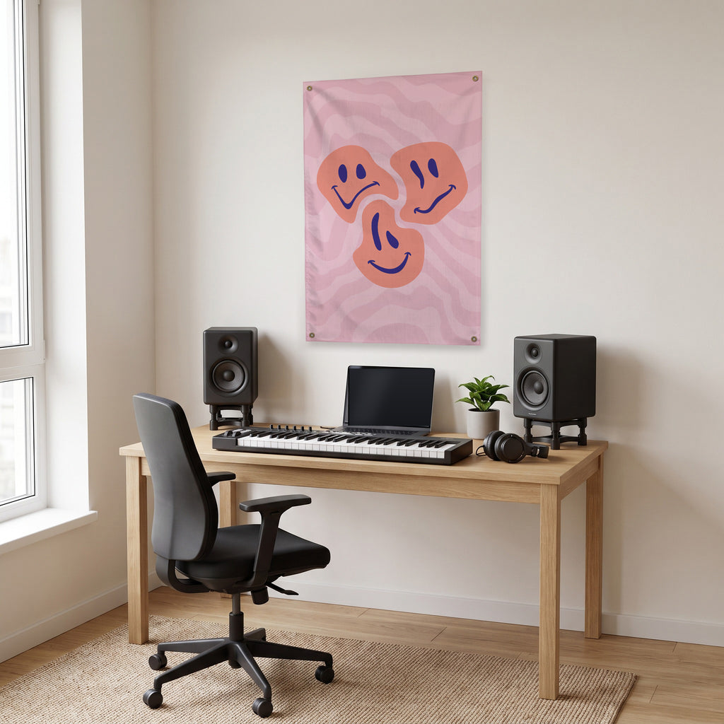 Three Smiley Moods Wall Flag in the studio room mockup.