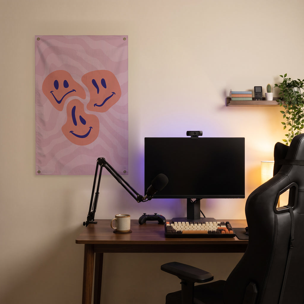 Three Smiley Moods Wall Flag in the streaming nook room mockup.