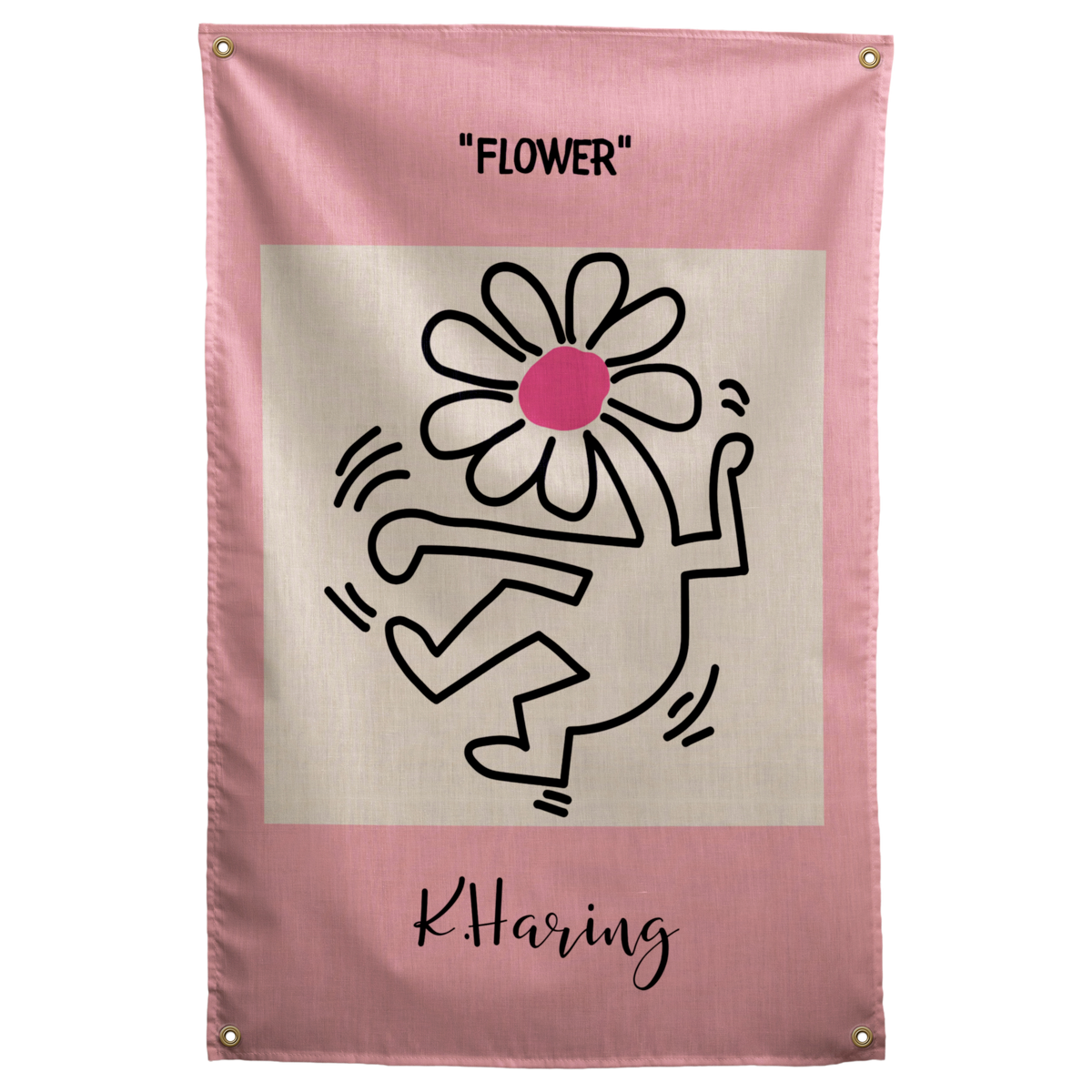 A black outlined figure with a daisy head moves across a cream panel surrounded by dusty pink on a Wall Rebel fabric wall flag.