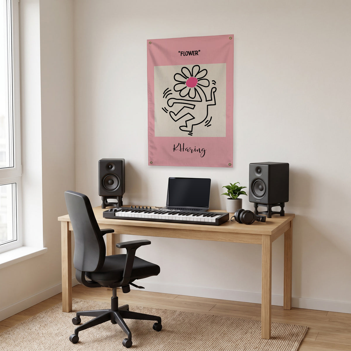 Walking Flower Figure Wall Flag in the studio room mockup.