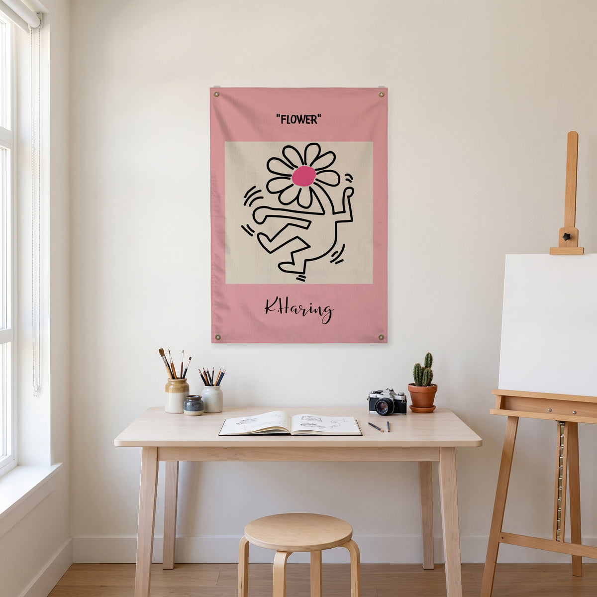 Walking Flower Figure Wall Flag in the art corner room mockup.