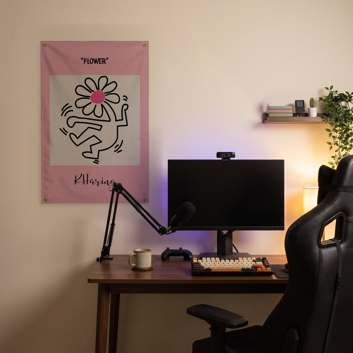 Walking Flower Figure Wall Flag in the streaming nook room mockup.