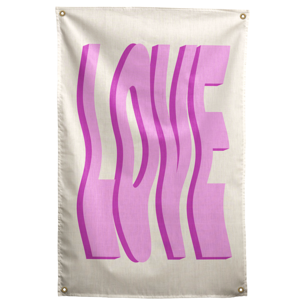 Oversized wavy pink LOVE letters cast darker shadows against cream on this bold typographic Wall Rebel fabric wall flag.