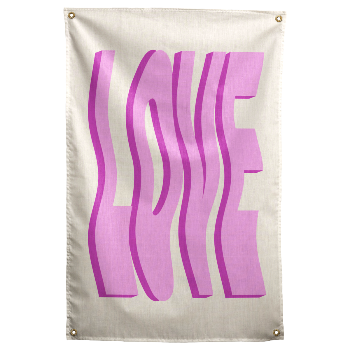 Oversized wavy pink LOVE letters cast darker shadows against cream on this bold typographic Wall Rebel fabric wall flag.