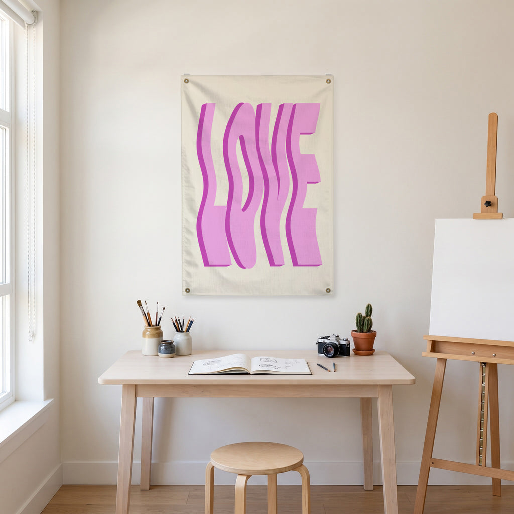 Wavy Pink Love Lettering Wall Flag in the art corner room mockup.