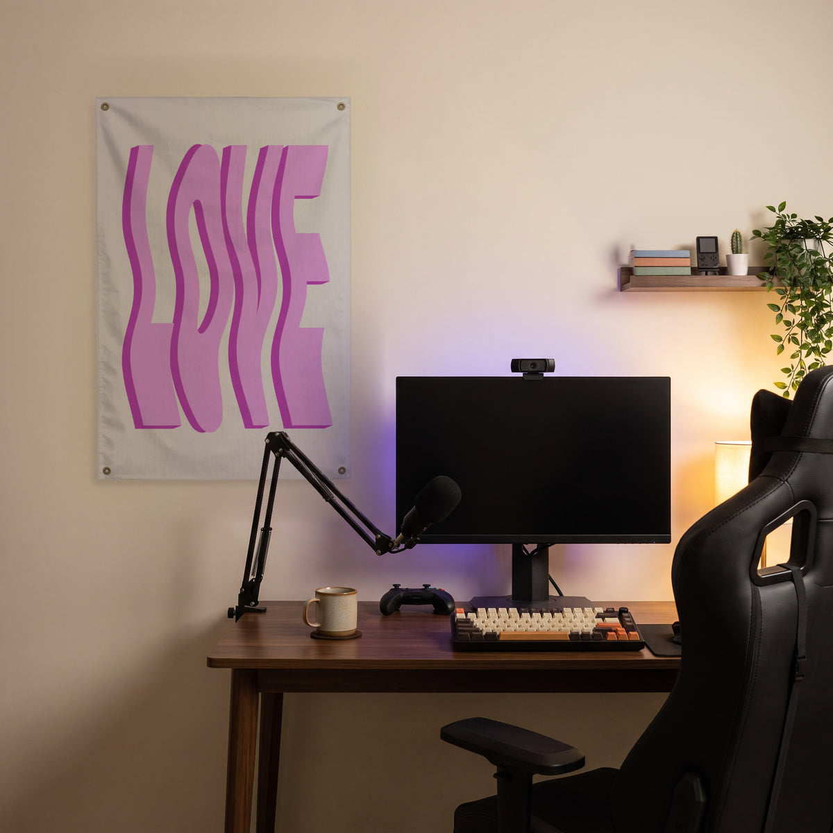 Wavy Pink Love Lettering Wall Flag in the streaming nook room mockup.