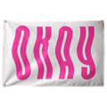 Tall bright pink OKAY letters ripple in vertical waves across a pale horizontal background on a Wall Rebel fabric wall flag.