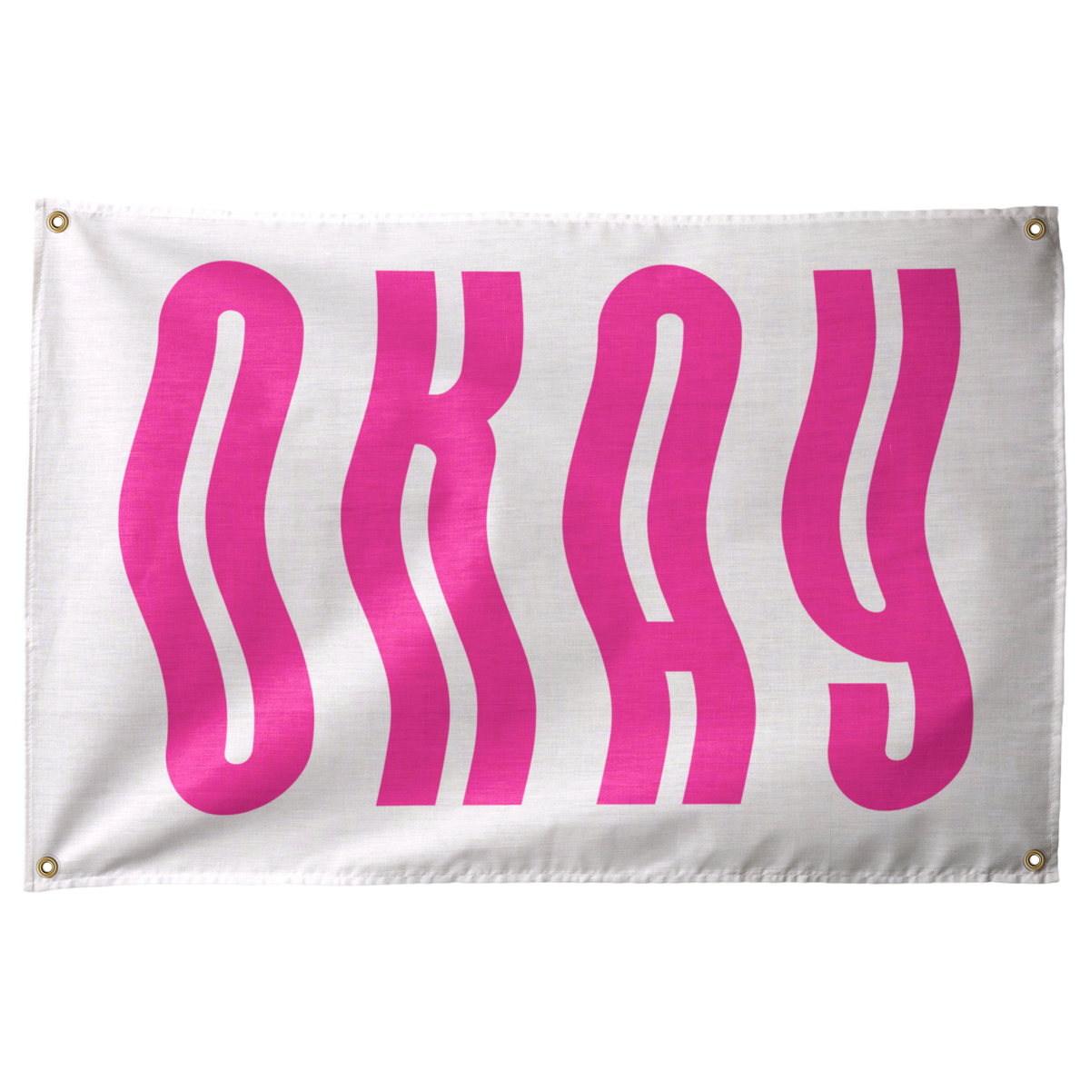 Tall bright pink OKAY letters ripple in vertical waves across a pale horizontal background on a Wall Rebel fabric wall flag.