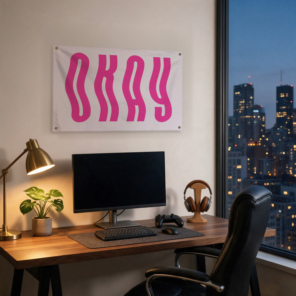Wavy Pink Okay Wall Flag in the gaming room mockup.
