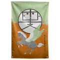 A winged horse, bold circular symbol and Japanese poster lettering meet in green and ochre on this Wall Rebel fabric wall flag.