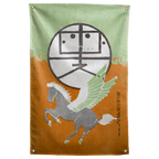 A winged horse, bold circular symbol and Japanese poster lettering meet in green and ochre on this Wall Rebel fabric wall flag.