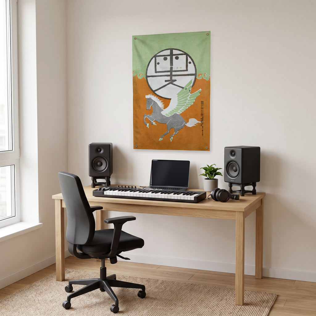 Winged Horse Japanese Poster Wall Flag in the studio room mockup.