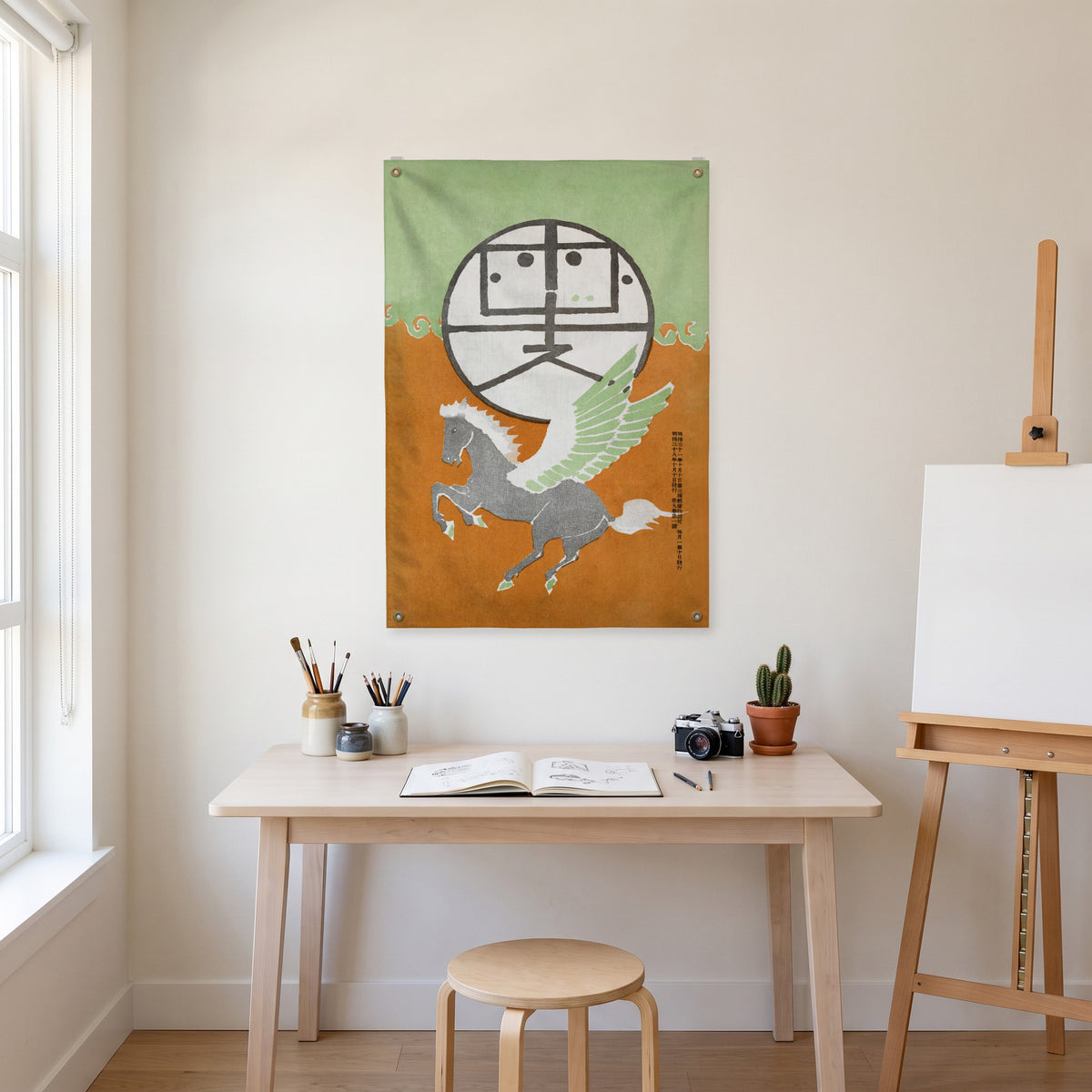 Winged Horse Japanese Poster Wall Flag in the art corner room mockup.