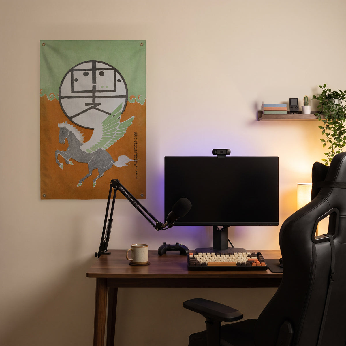 Winged Horse Japanese Poster Wall Flag in the streaming nook room mockup.