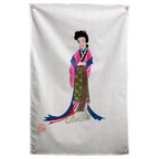 A standing woman wears long pink, blue and patterned Japanese robes against a pale ground with a red seal on a Wall Rebel fabric wall flag.