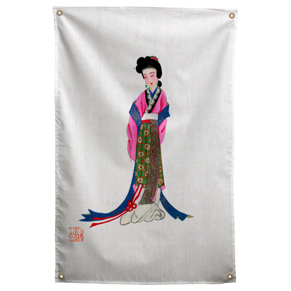 A standing woman wears long pink, blue and patterned Japanese robes against a pale ground with a red seal on a Wall Rebel fabric wall flag.