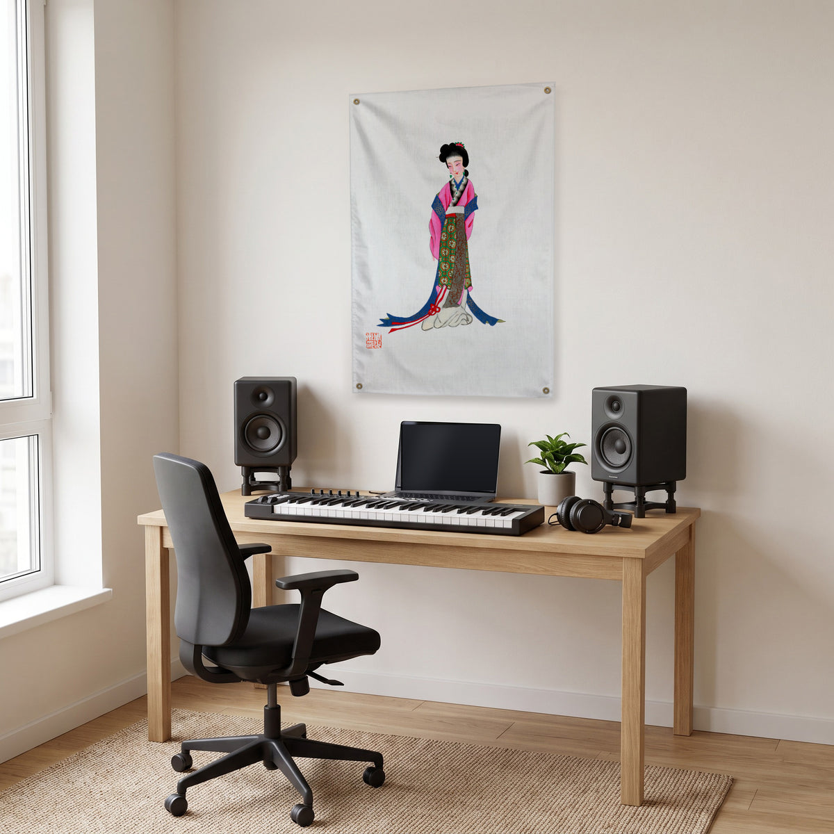 Woman in Long Japanese Robes Wall Flag in the studio room mockup.