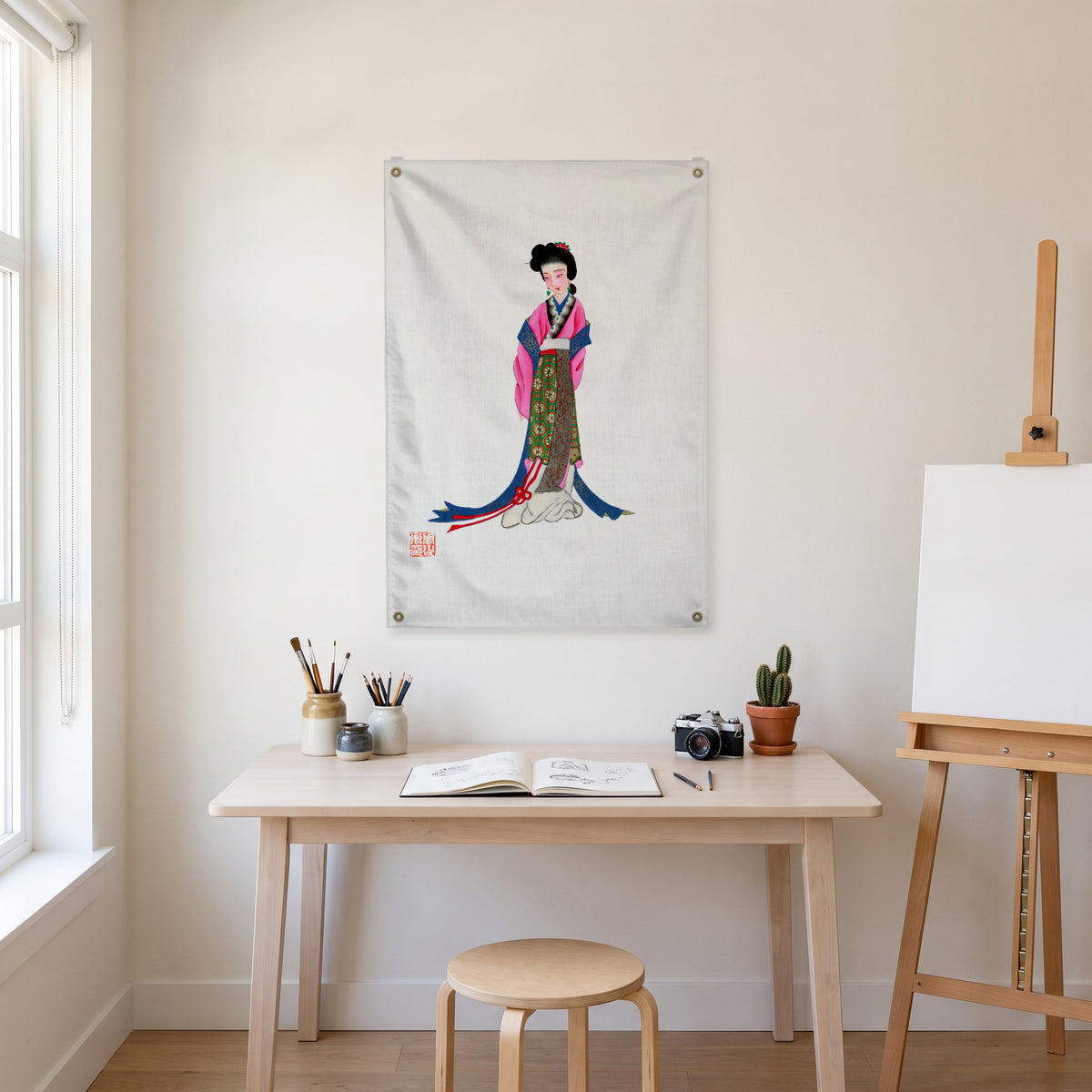 Woman in Long Japanese Robes Wall Flag in the art corner room mockup.