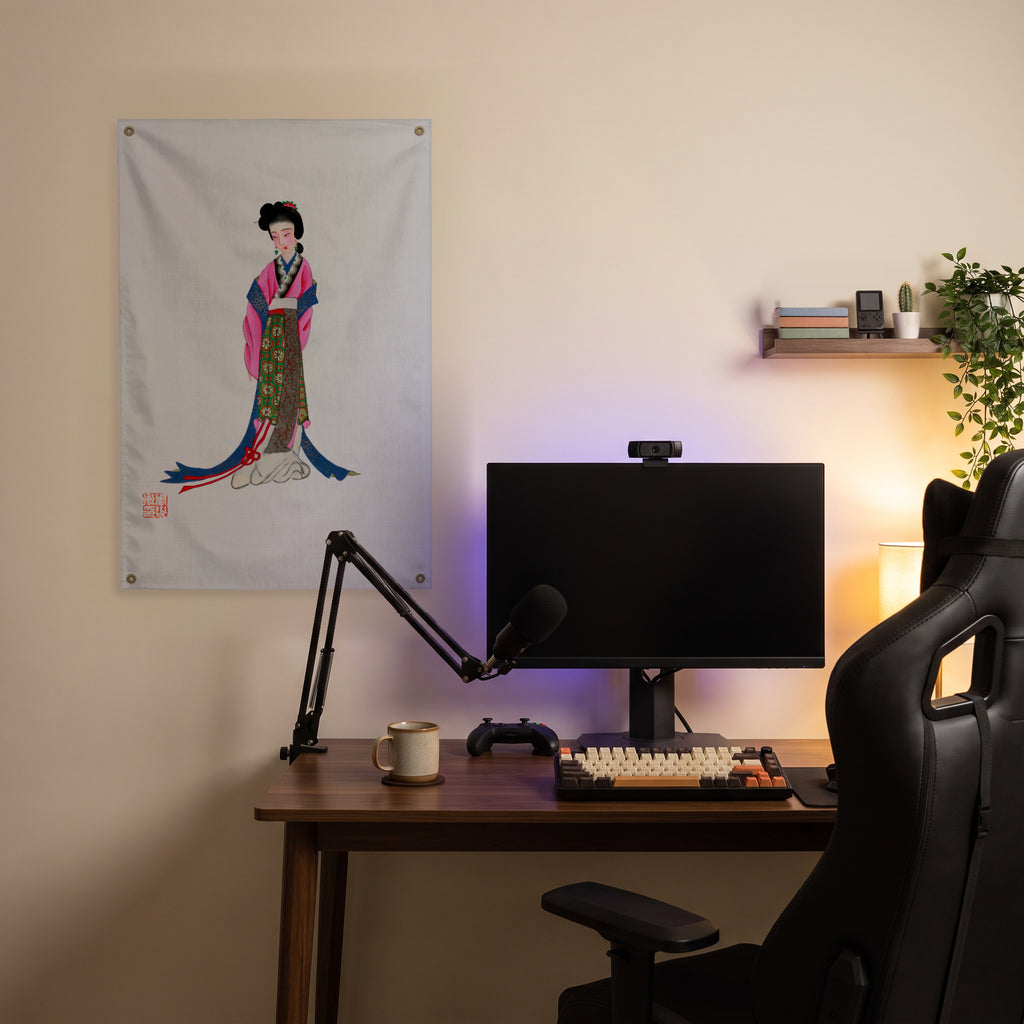 Woman in Long Japanese Robes Wall Flag in the streaming nook room mockup.