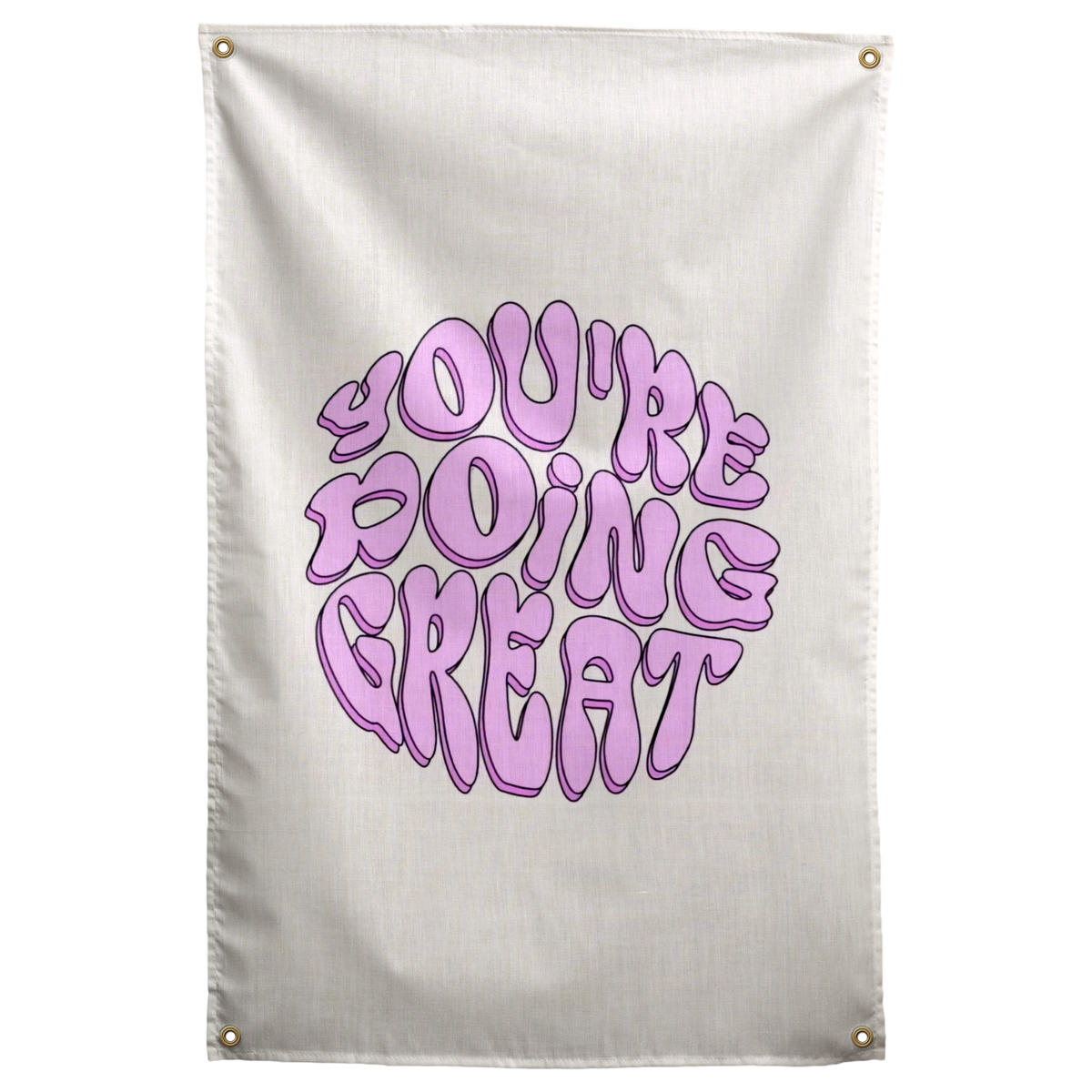 Rounded purple You're Doing Great lettering forms a compact circular shape on cream in this encouraging Wall Rebel fabric wall flag.